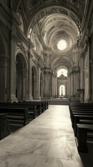 Obraz premium Serene church interior, sunlight streams through high window.