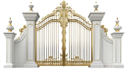 Fototapeta premium Elegant white and gold gate design with transparent background png format architectural element luxury environment front view