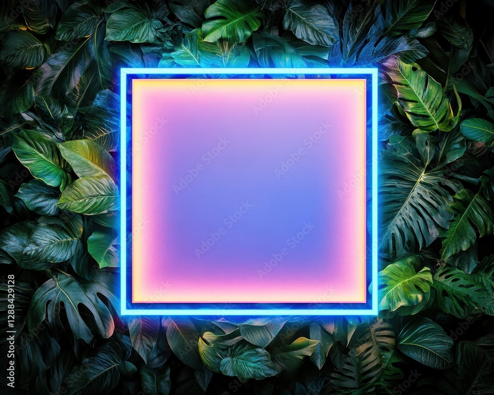 Leinwandbilder neon futurism in graphic design illuminated abstract frame in tropical foliage - innovative visual c