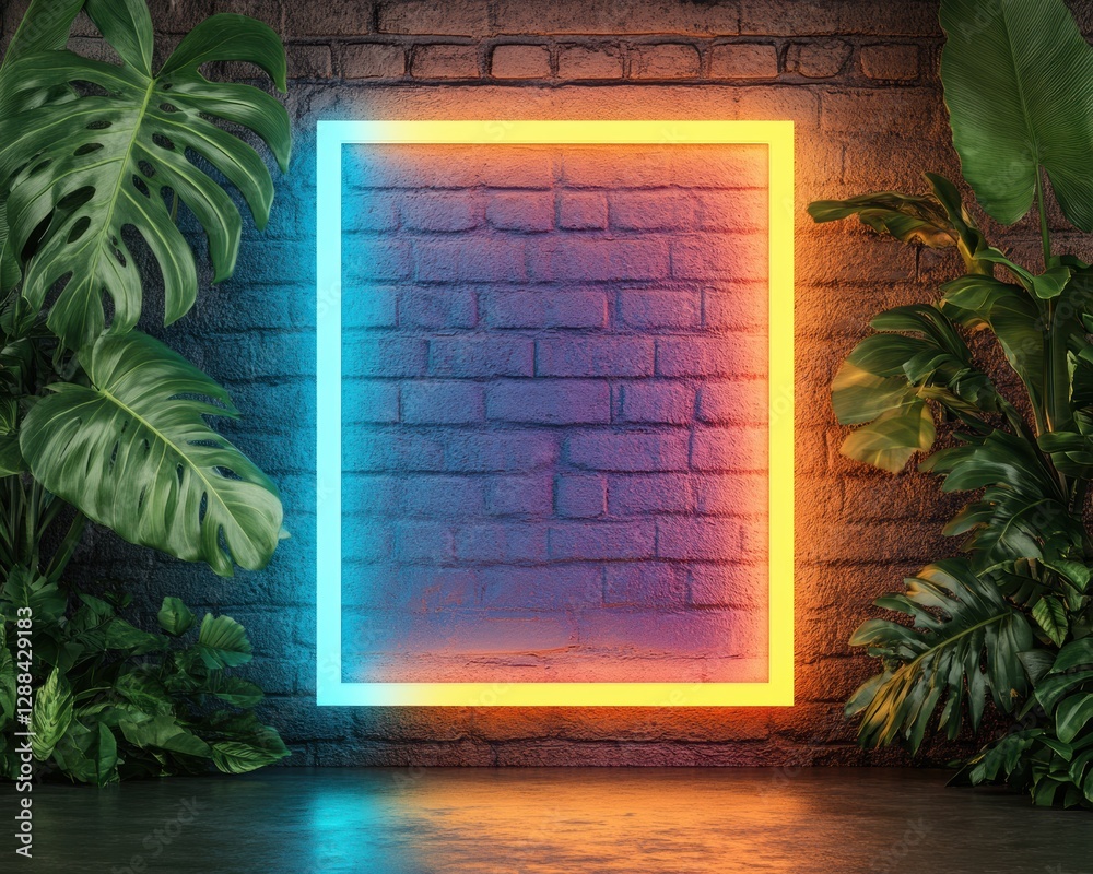 Aufkleber neon geometric frame with tropical foliage illuminated wall art for urban spaces - innovative design