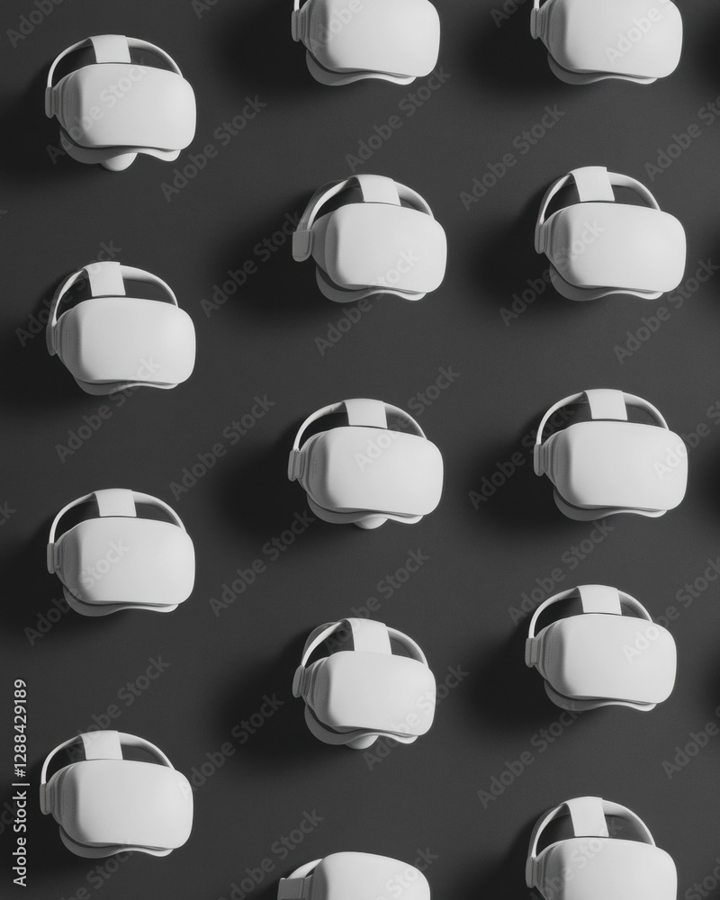 Poster monochrome futuristic vr headset display sleek white wearables with soft shadows on black for modern
