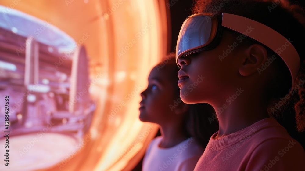 Poster immersive virtual exploration diverse children engaged with curved screen vr in futuristic high-tech