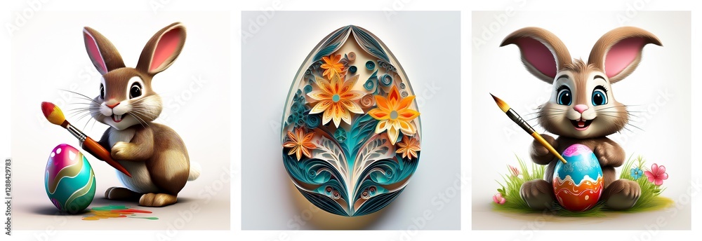 Poster easter themed image with bunnies painting eggs using brushes, alongside a decorative egg with floral