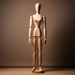 Wooden mannequin standing on a wooden surface in a well-lit studio