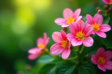 Fototapeta premium Vibrant pink & yellow blooms, lush green backdrop, green background, background