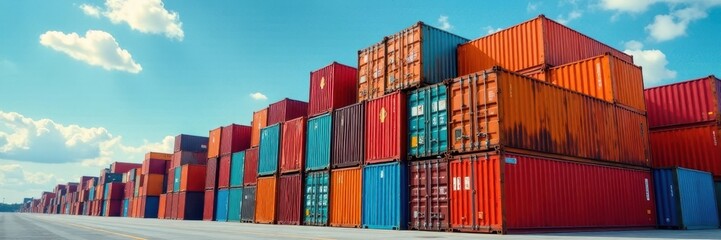 Vibrant stacked shipping containers, pyramid form , cargo, stacked, container art