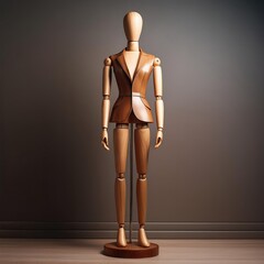 Wooden mannequin displays elegant tailormade suit in minimalist studio setting