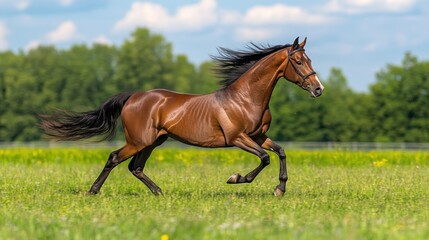Fototapeta premium Magnificent Bay Horse Galloping Across Lush Green Field Under a Sunny Sky