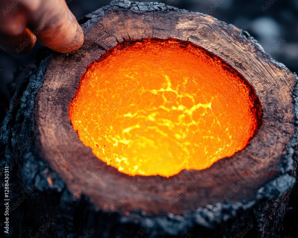 Poster luminous metal casting molten bronze in charred crucible - artistic metalworking for sculpture and d