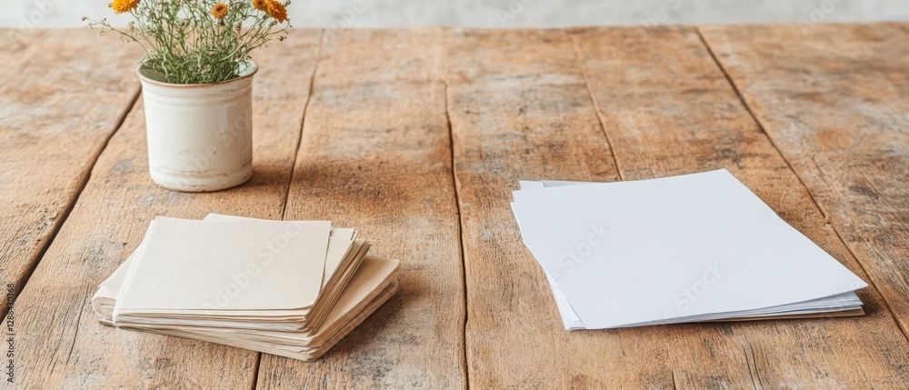 Poster Rustic Office Vibes Paper Stacks with Wooden Textures and Florals - Document Management Solutions for Modern Workspace Aesthetics and Efficient Workflow Optimization