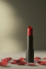 Bold red lipstick stands elegantly among scattered rose petals,