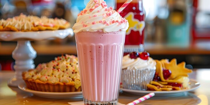 Sweet Treat Extravaganza: A luscious milkshake takes center stage among a delectable spread of baked goods, tempting the viewer with a symphony of colors and textures.
