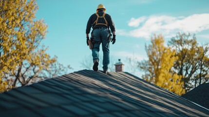 A roofer wearing safety gear, walking along the edge of a pitched roof.