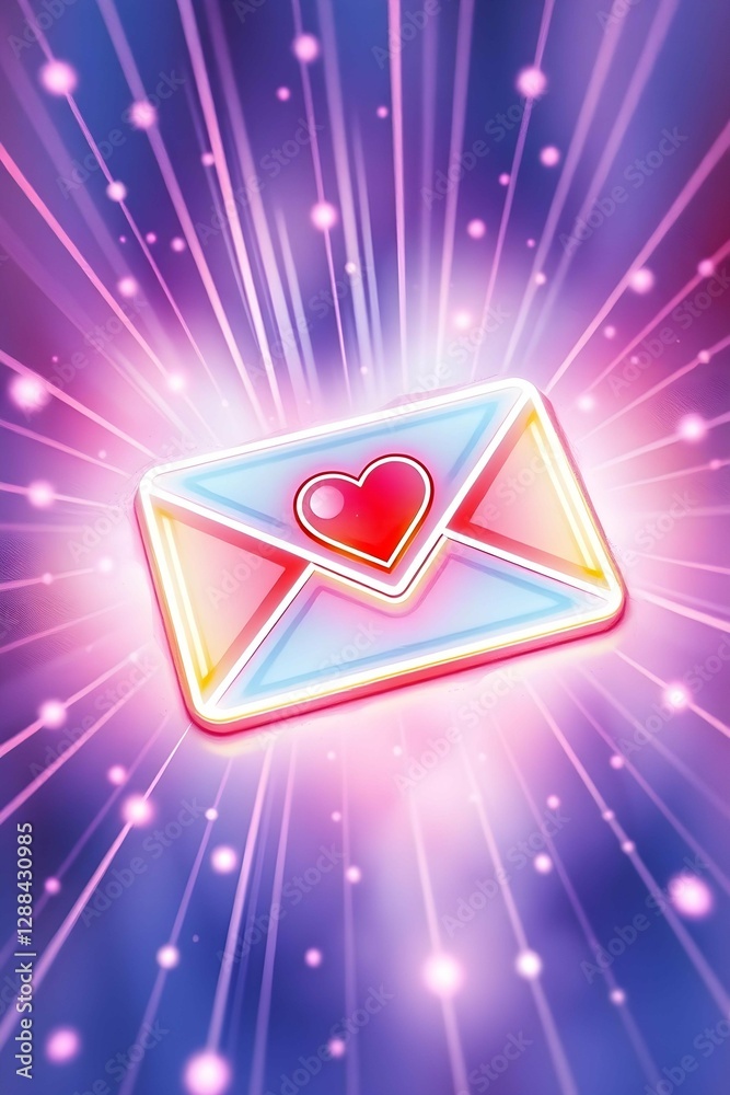 Poster a glowing envelope with a red heart radiates light and energy, amidst abstract lines and dots, symbo