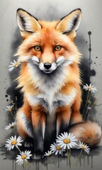 Obraz premium Charming watercolor fox surrounded by daisies: nature art with wildlife grace