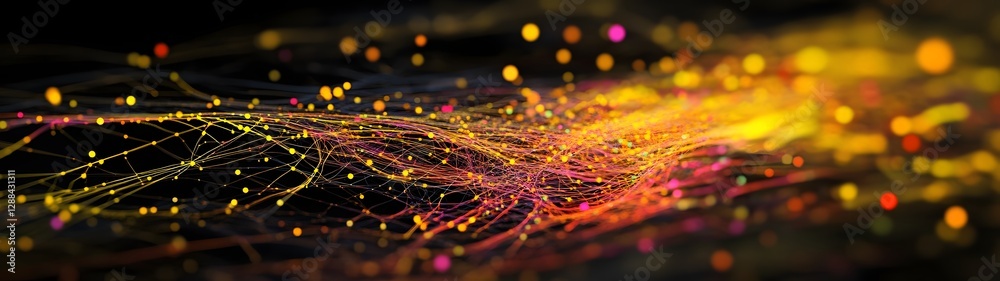 Poster Mesmerizing Digital Abstract of Vibrant Colorful Lighting Particles in Dynamic Motion Representing the Essence of Modern Technology and Innovation