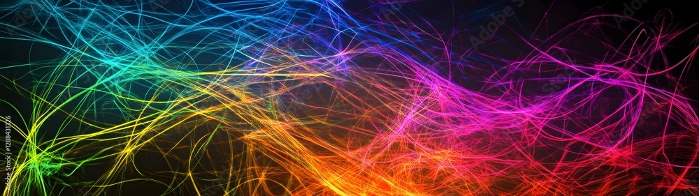 Poster Mesmerizing digital art abstract with dynamic swirling lines and bursts of vivid neon like colors creating a futuristic technological and energetic visual effect