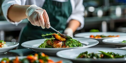 Culinary Artistry: A chef meticulously plates a gourmet meal, showcasing their skill and passion. Every detail, from the placement of herbs to the artful arrangement of ingredients.