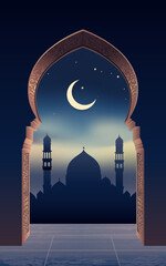 Ramadan Kareem arch entrance with mosque silhouette on night background. Modern Islamic greeting card template design. Poster and social media banner, vector illustration