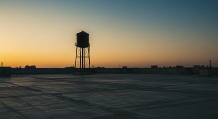 Urban rooftop water tower at sunset with silhouette against colorful sky
