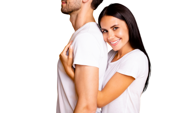 Cropped photo of amazing pair in love lady holding piggyback strong back of guy wear casual white t-shirts isolated yellow color background