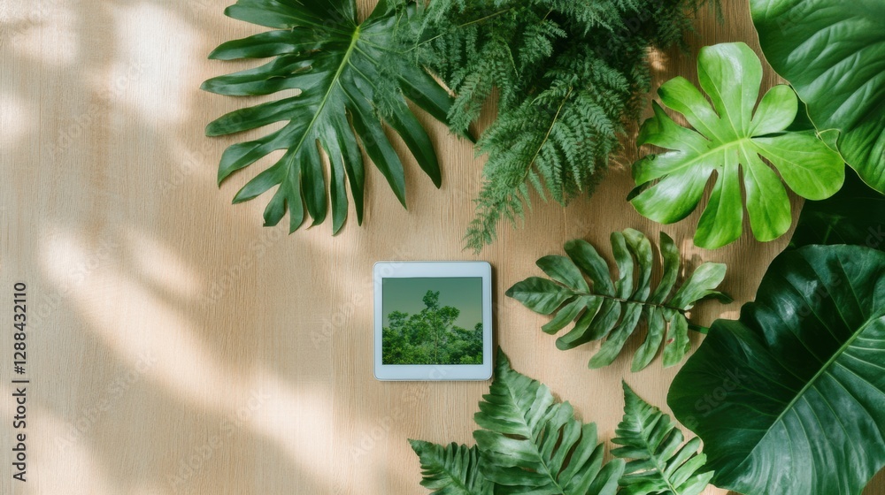 Poster tech-infused botanical workspace digital tablet amidst lush greenery on wooden surface - enhancing c