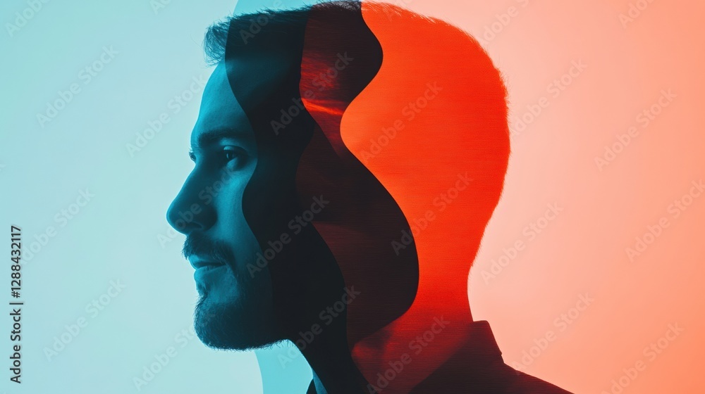 Aufkleber double exposure leadership portrait modern silhouette with digital overlay - business unity and inno