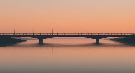 Tranquil bridge over serene river at sunset with soft pastel skies and subtle reflections