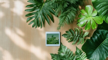 Tech-Infused Botanical Workspace Digital Tablet Amidst Lush Greenery on Wooden Surface - Enhancing Creative Collaboration and Modern Lifestyle Content