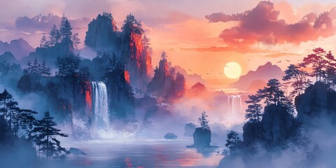 Waterfall and Mountain Landscape with Misty Atmosphere at Sunset