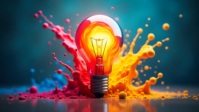 A light bulb emitting vivid colored paint