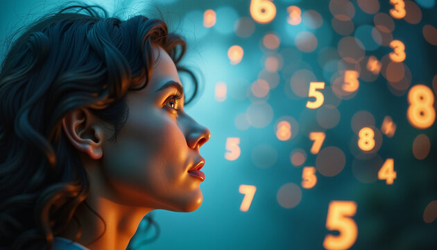 Woman gazing at floating glowing numbers in a dreamlike scene