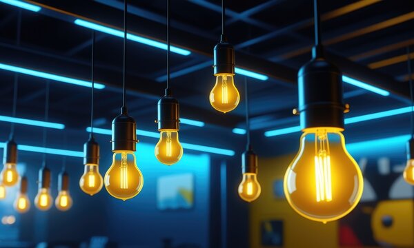 Warm edison light bulbs in modern industrial interior with neon accents