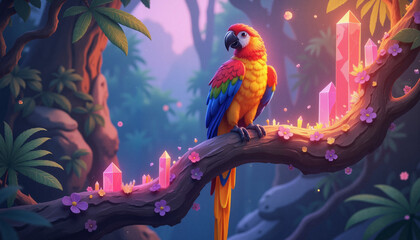 Naklejka premium Magical parrot perched on crystalline branch in glowing jungle, fantasy