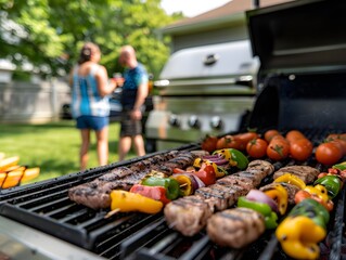 Summer BBQ Celebration: A vibrant outdoor summer gathering is in full swing, with a sizzling barbecue grill laden with skewers of colorful vegetables and juicy meats.