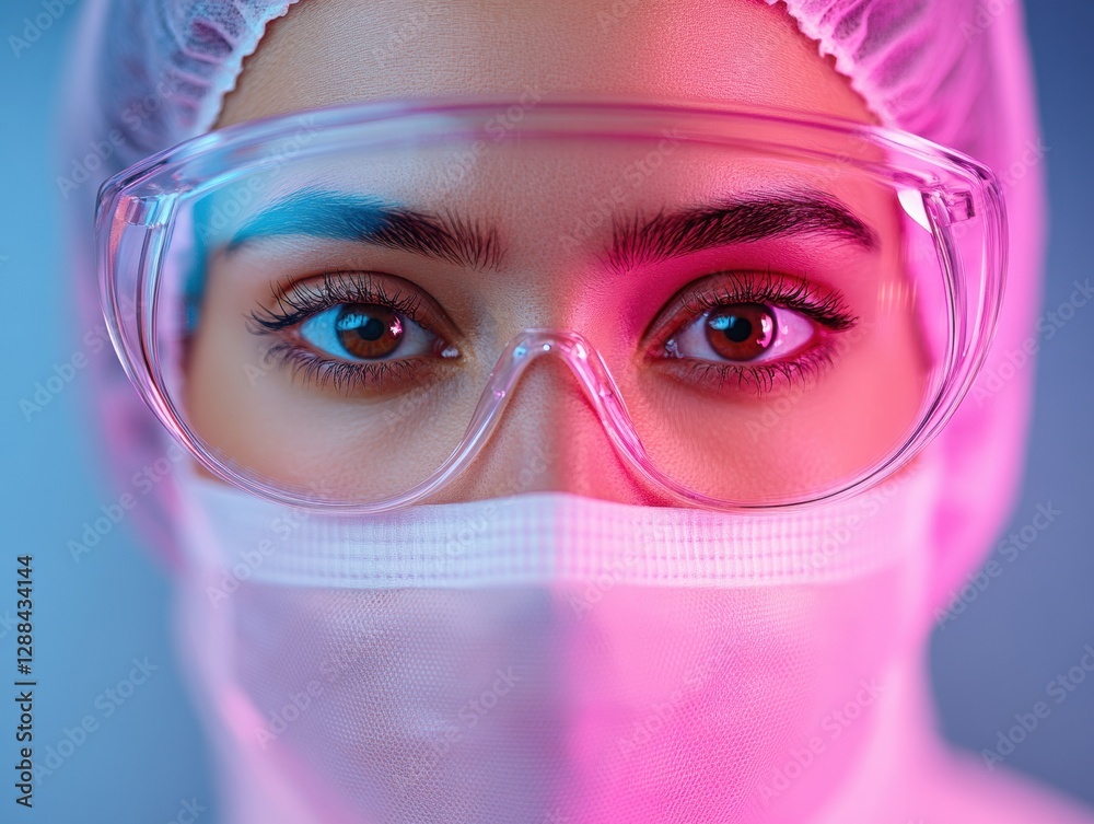 Poster neon-tech lab aesthetic female scientist in protective gear with micropipettes - enhancing precision