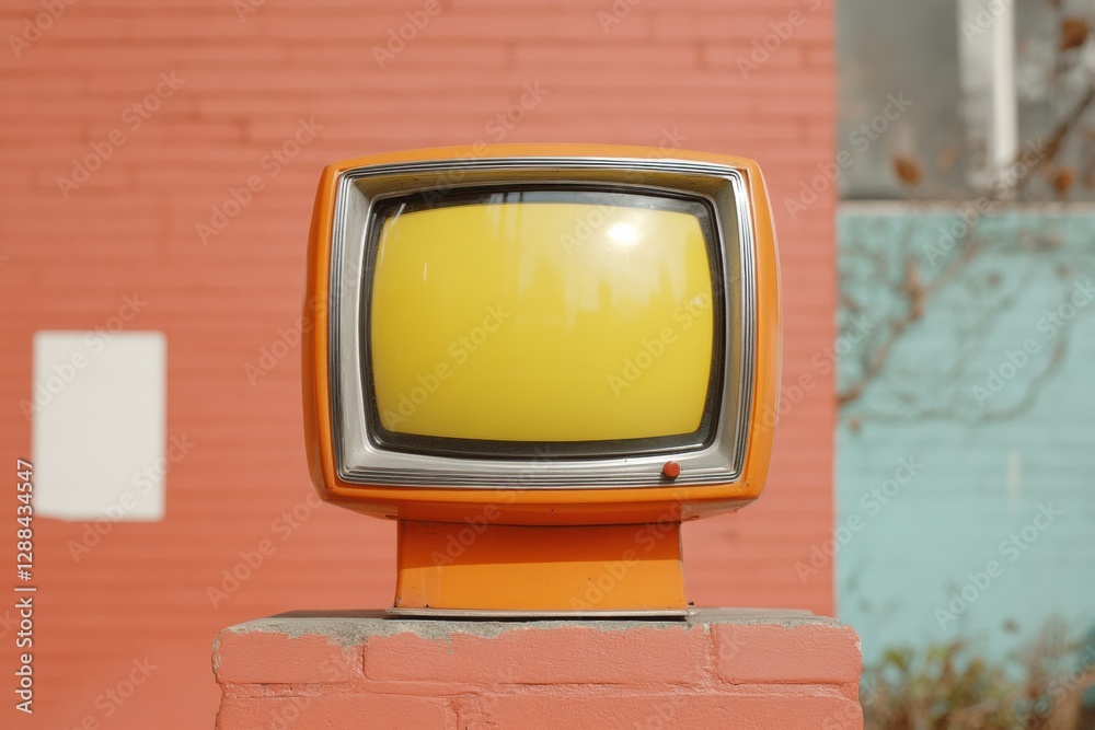 Aufkleber nostalgic media display retro curved screen tv on weathered brick - vintage design content and broad
