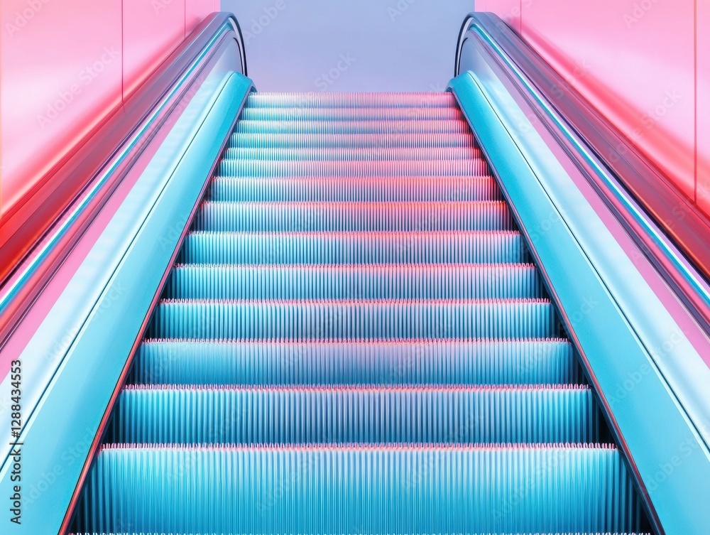 Poster neon gradient escalators futuristic retail design in modern shopping malls - enhancing urban commerc