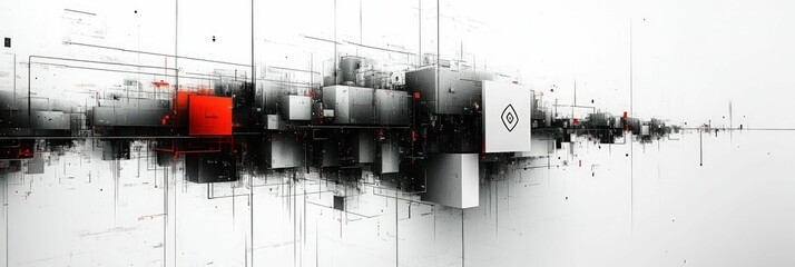 Abstract grayscale cityscape red accents digital art
