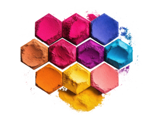 Holi hexagonal arrangement of colorful powder blocks