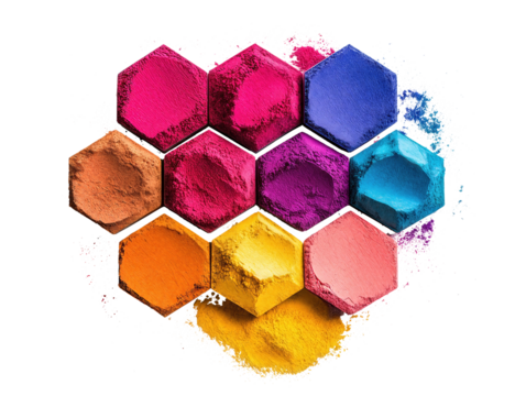 Holi hexagonal arrangement of colorful powder blocks - Powered by Adobe