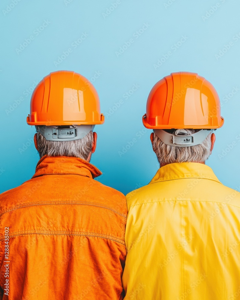 Aufkleber Contemporary Construction Crew Coordination Vibrant Helmets and Team Dynamics on Colorful Backdrop - Professional Visual for Building Industry Standards and Project Management