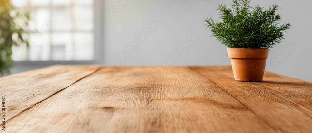 Poster eco-friendly workspace vision reclaimed wood table with potted greenery in a sunlit open space - mod