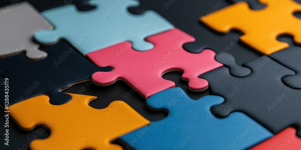 Fototapete contemporary collaborative workspace hands aligning vibrant puzzle pieces on sleek black surface - t