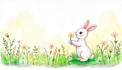 Fototapeta premium Cute white bunny sniffing a flower in a flower meadow, innocence