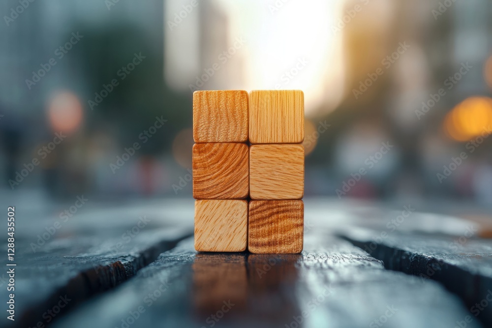 Aufkleber elevated business visualization natural wooden block pyramid on rustic desk - modern growth strategy
