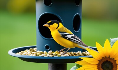 Vibrant goldfinch on bird feeder with sunflower in lush green garden background