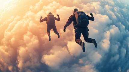 Two adventurers skydiving through the clouds, enjoying the thrill of freefalling from a great height during a sunny day.