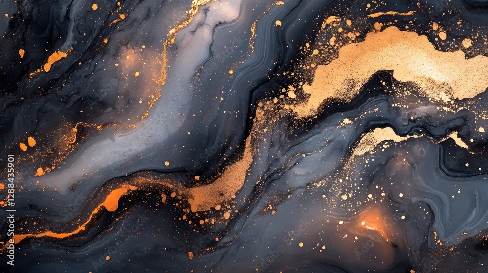 Poster Mesmerizing Fluid Marble Abstract with Shimmering Gold Splatter and Celestial Vibes  This captivating digital artwork features a swirling ethereal composition of dark inks and metallic pigments