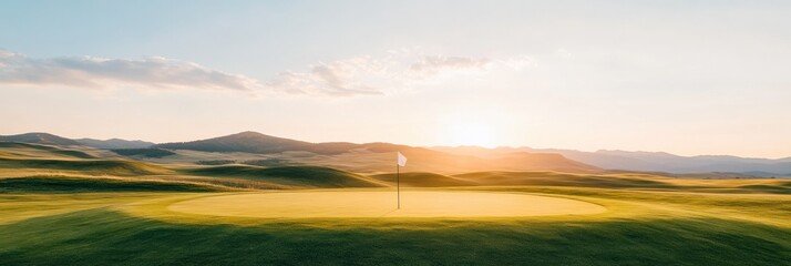 Serene Golf Course Vista Rolling Meadow with Flag under Sunset Sky - Premium Sports Lifestyle Imagery for Outdoor Recreation Marketing and Leisure Industry Promotion